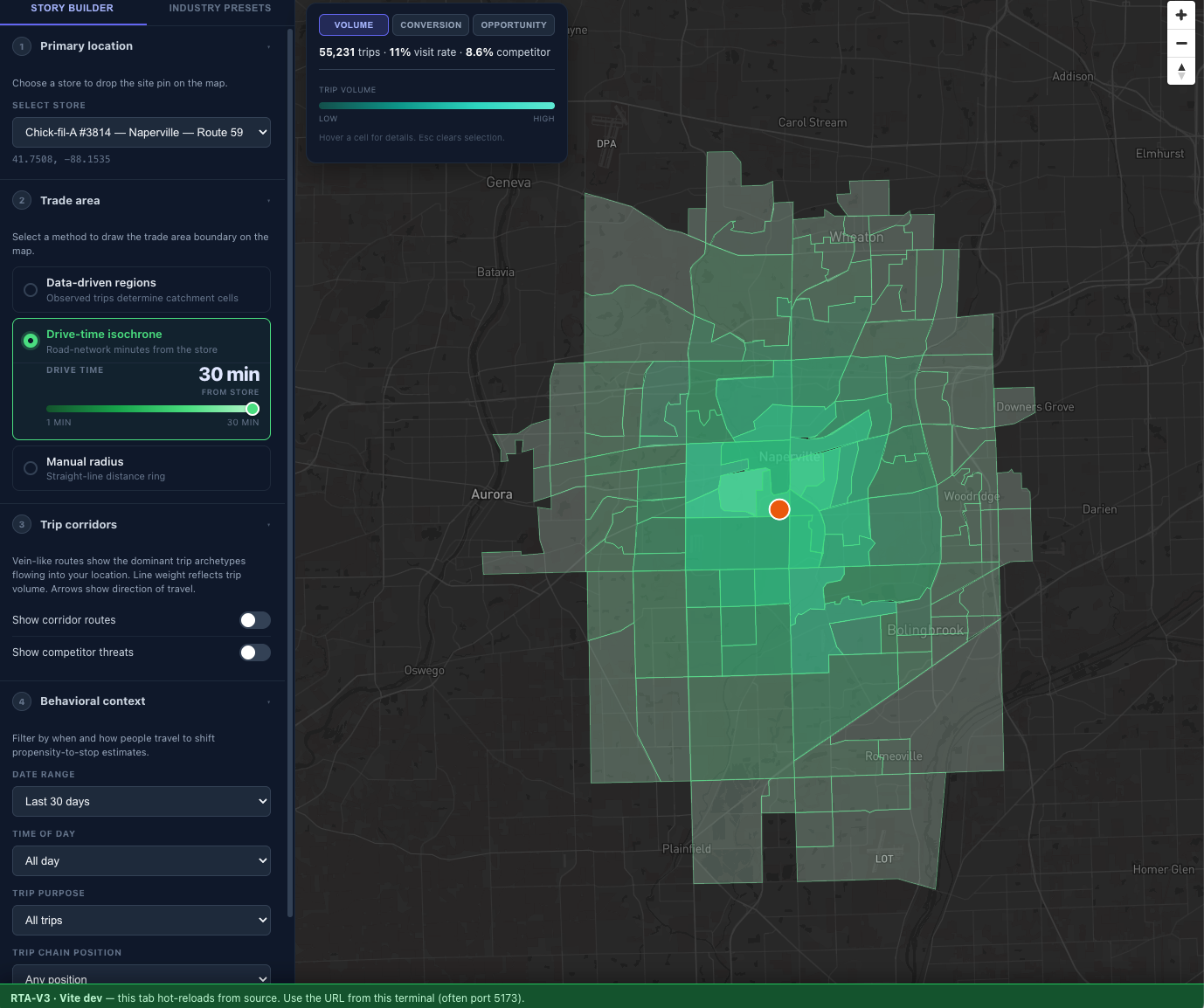 Arity RTA v3, light theme — drive-time isochrone and data-driven catchment cells