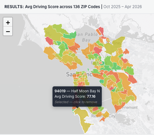 Geosight single-area view — zip-level driving score heatmap, San Francisco Bay Area. Each zip shaded green, yellow, or red by average driving score. Tooltip on 94019 Half Moon Bay N shows 77.16 average driving score.