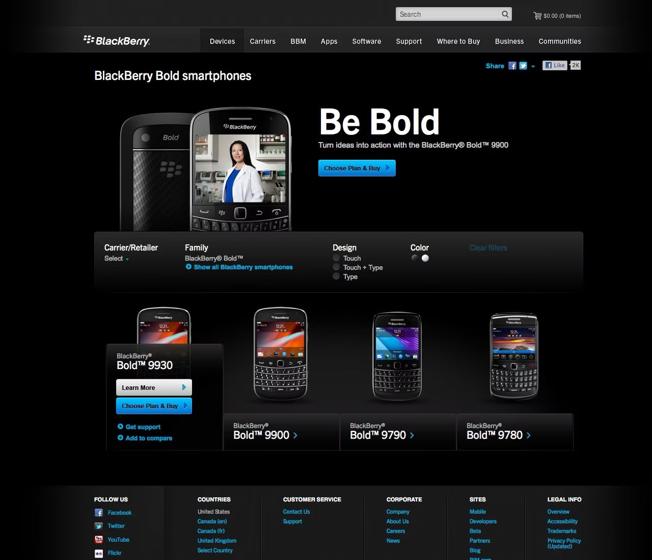 BlackBerry Bold family page — model grid with carrier, design, and color filters