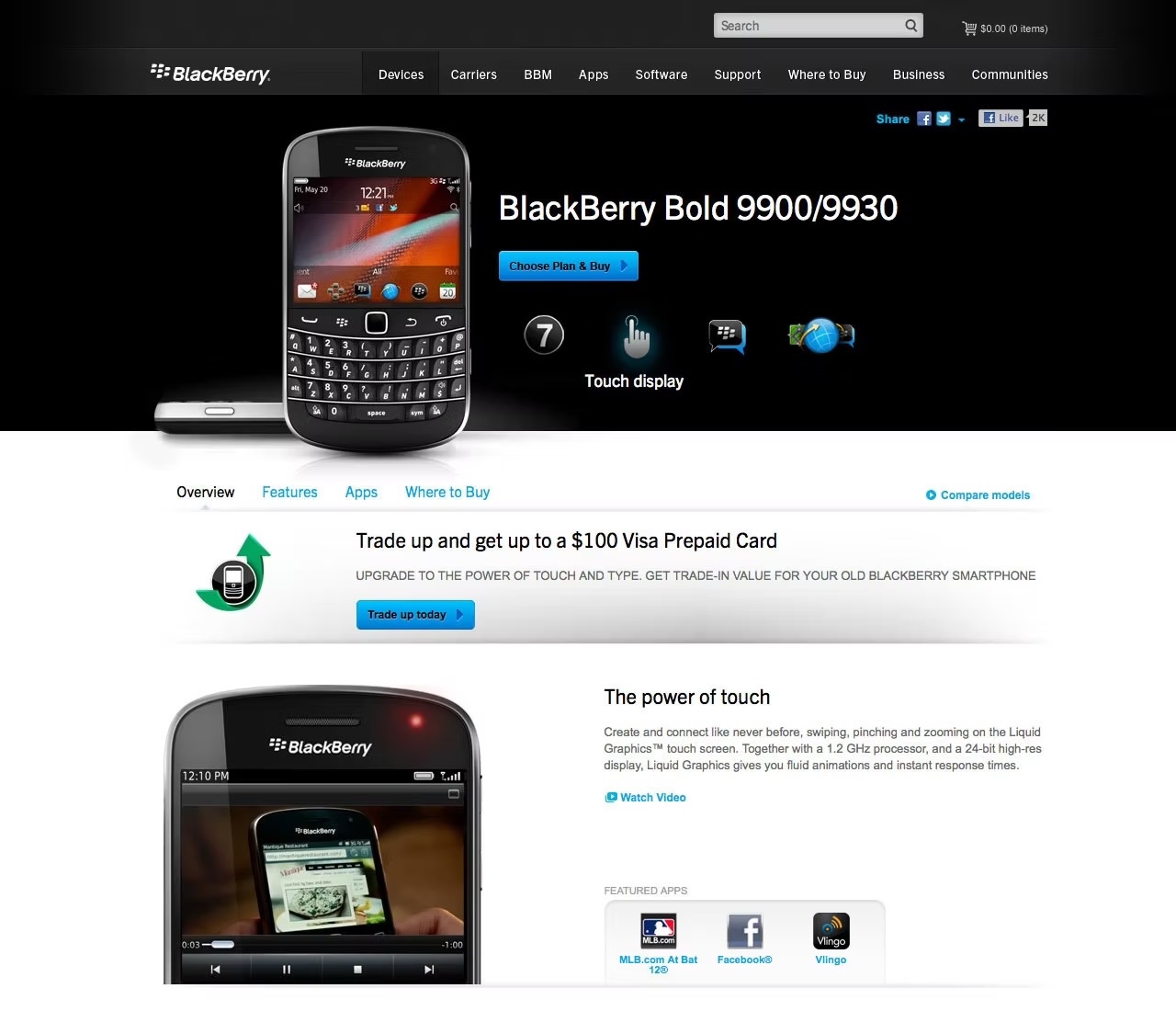 BlackBerry Bold 9900 product page — trade-up Visa prepaid card offer