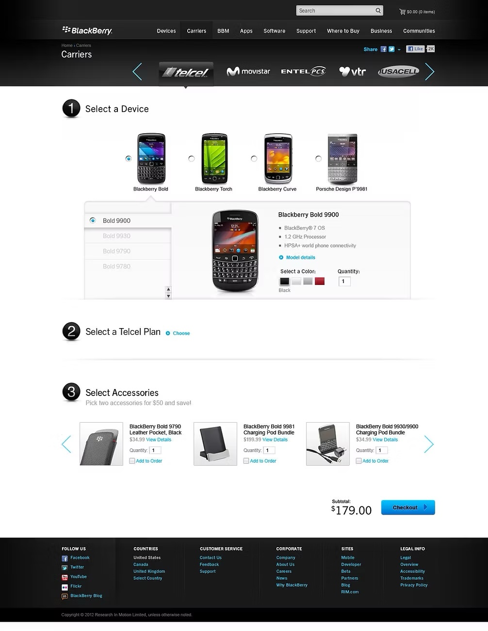 Telcel carrier flow — device, plan, and accessory selection with checkout