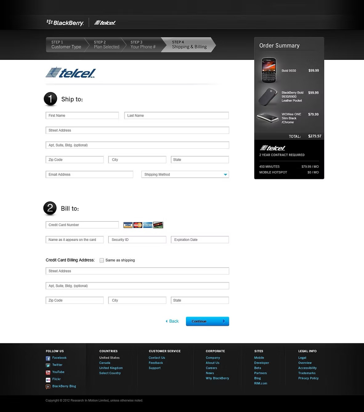 Checkout step 4 — shipping, billing, and order summary with Telcel plan