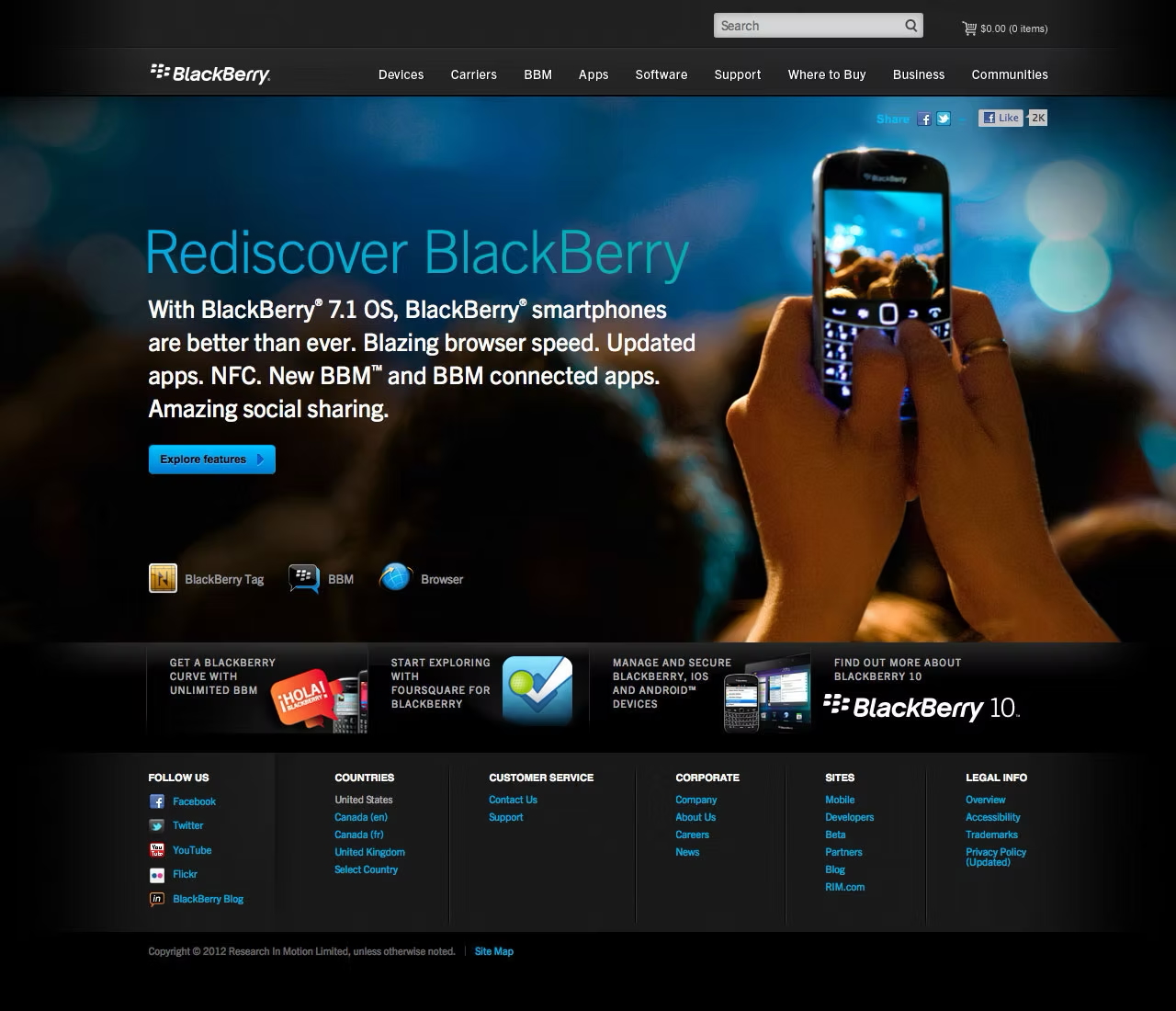 BlackBerry.com LATAM storefront — Rediscover BlackBerry hero