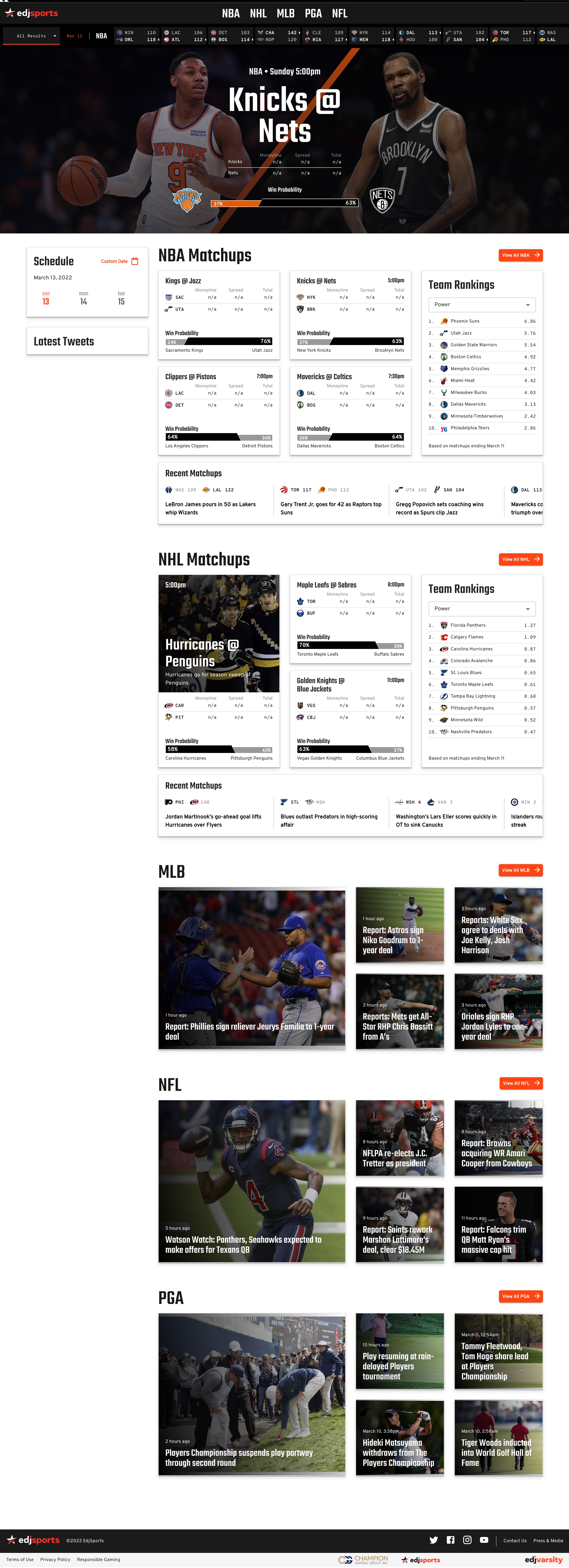 Redesigned EdjSports homepage — dark nav and scores bar, picture-led NBA hero, modular matchup grids and editorial sections by league