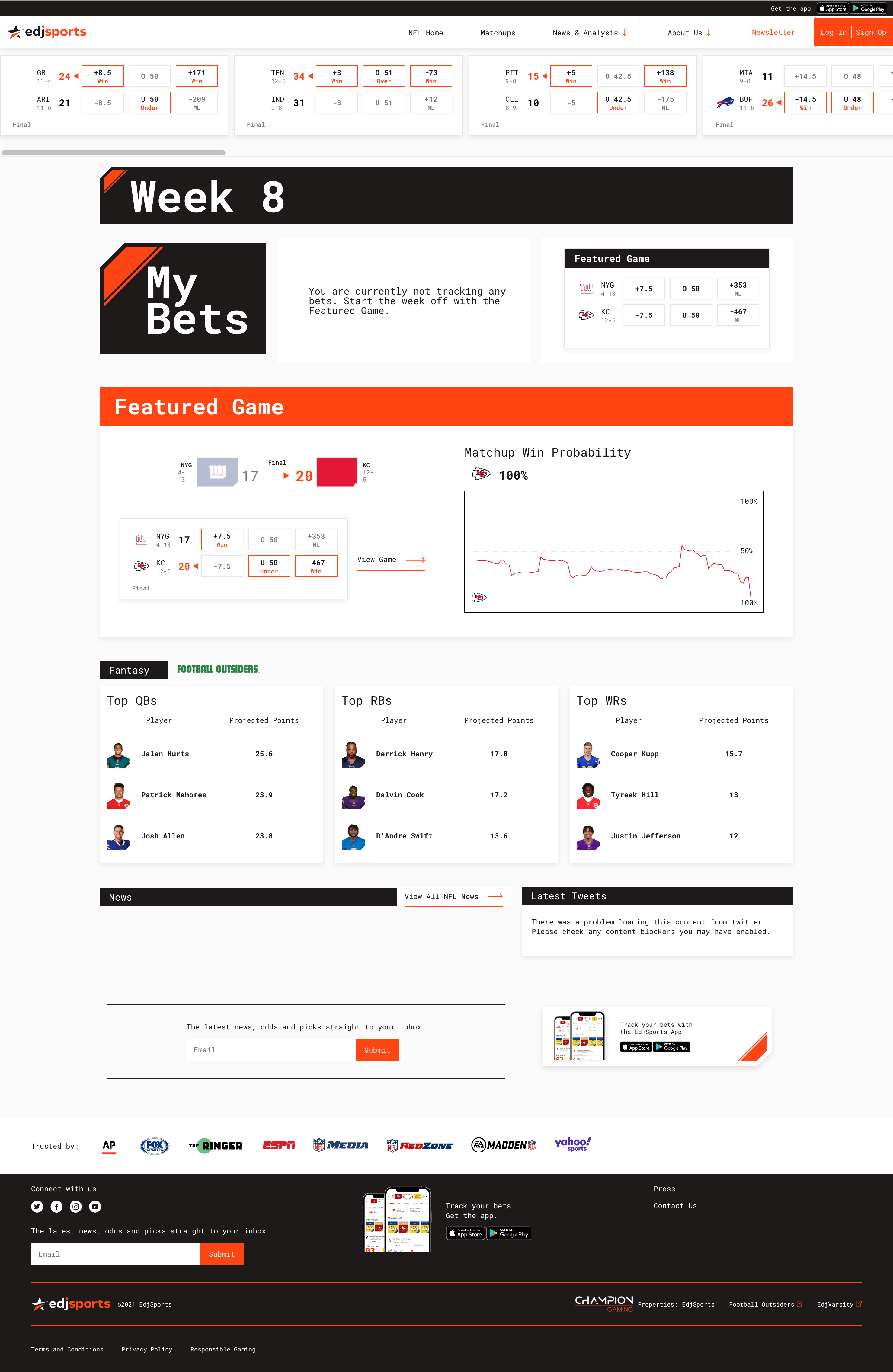 Legacy EdjSports homepage during NFL season, December 2021 — boxed layout, Week 8 header, featured game module, fantasy player lists, news and newsletter blocks