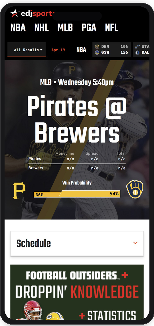 EdjSports on iPhone — league nav, live scores ticker, and MLB game hero with win probability