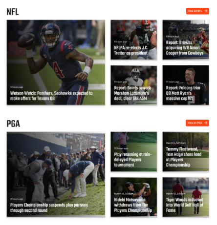 NFL and PGA editorial sections — large hero article card plus four smaller news tiles per league