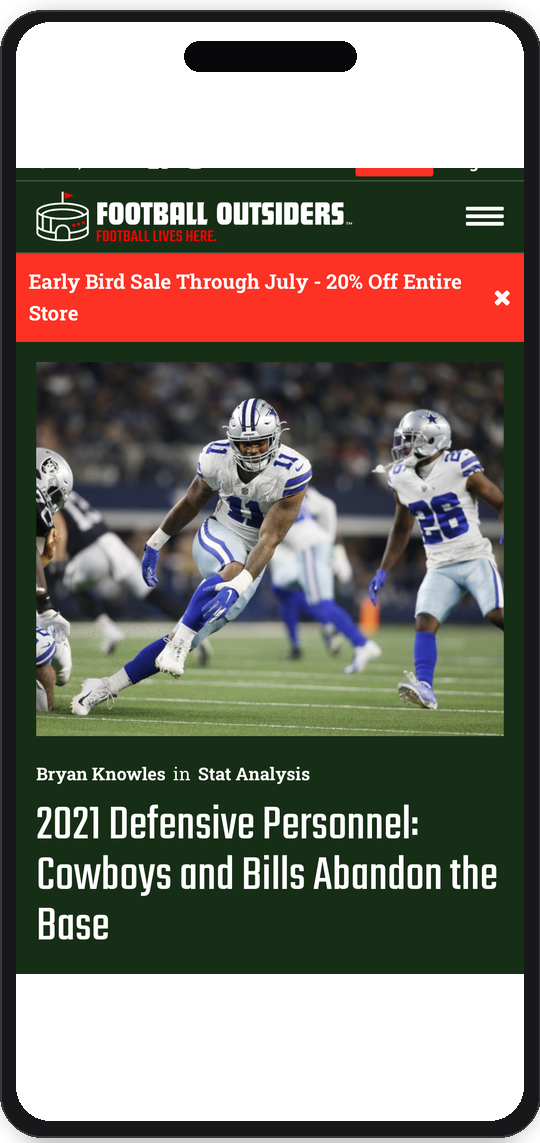 Football Outsiders on iPhone — forest-green header, promo strip, and article hero