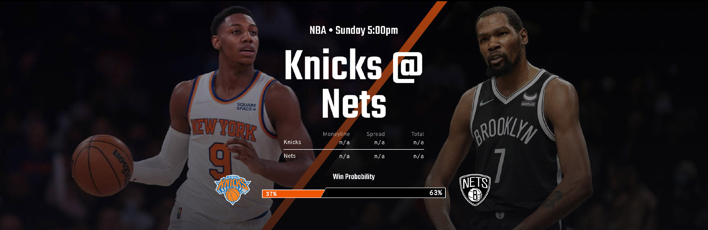 EdjSports picture-led hero — Knicks at Nets player photography, win probability bar divided on the diagonal, odds and matchup data