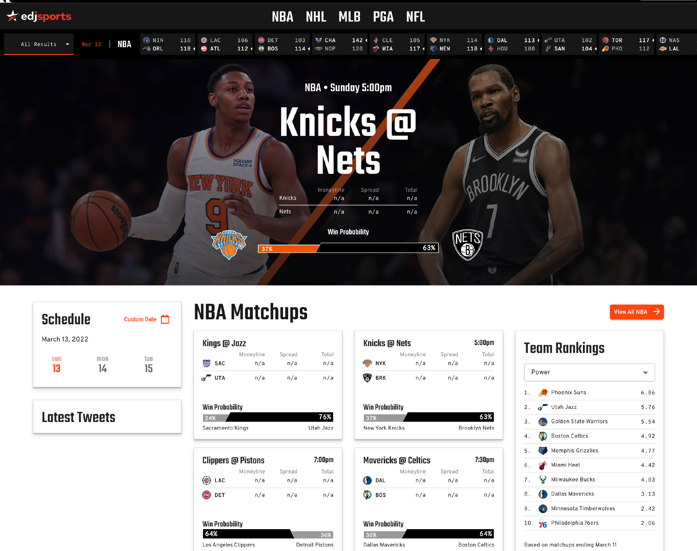 EdjSports homepage — dark nav and scores bar, Knicks at Nets picture-led hero with win probability, NBA matchup grid and team rankings