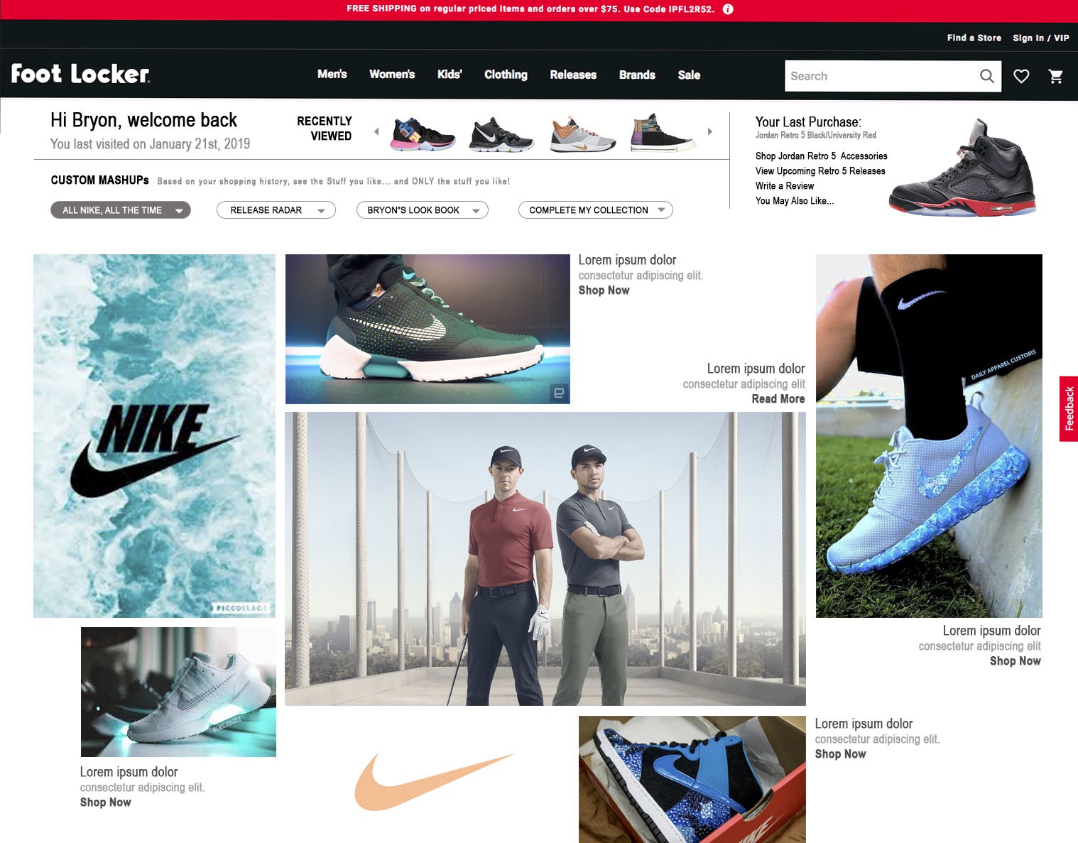 Foot Locker personalized homepage — welcome back, custom mashups, recently viewed, and Nike editorial grid