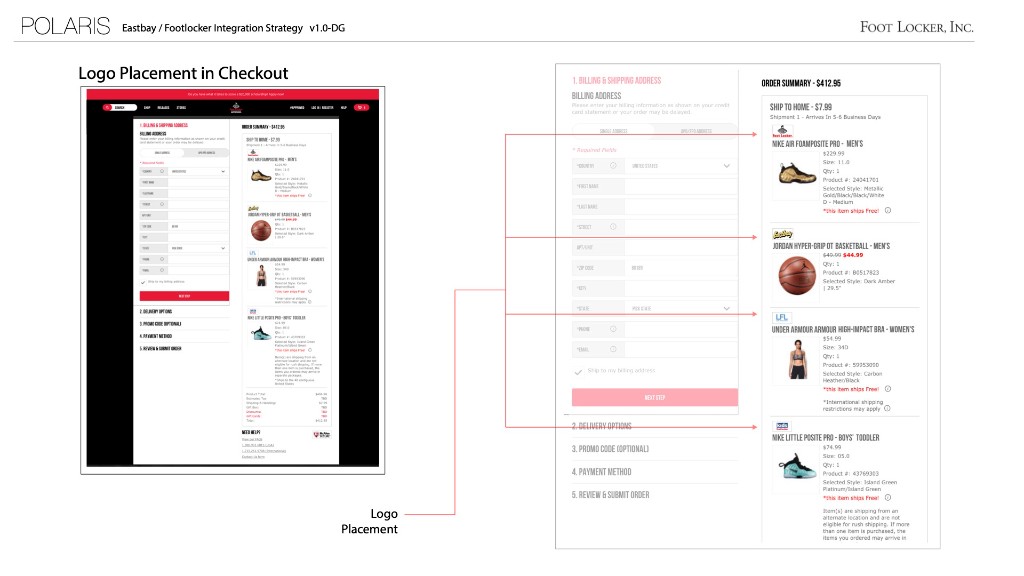 Polaris checkout — order summary with logo placement for Foot Locker, Eastbay, Lady Foot Locker, and Kids Foot Locker in one cart