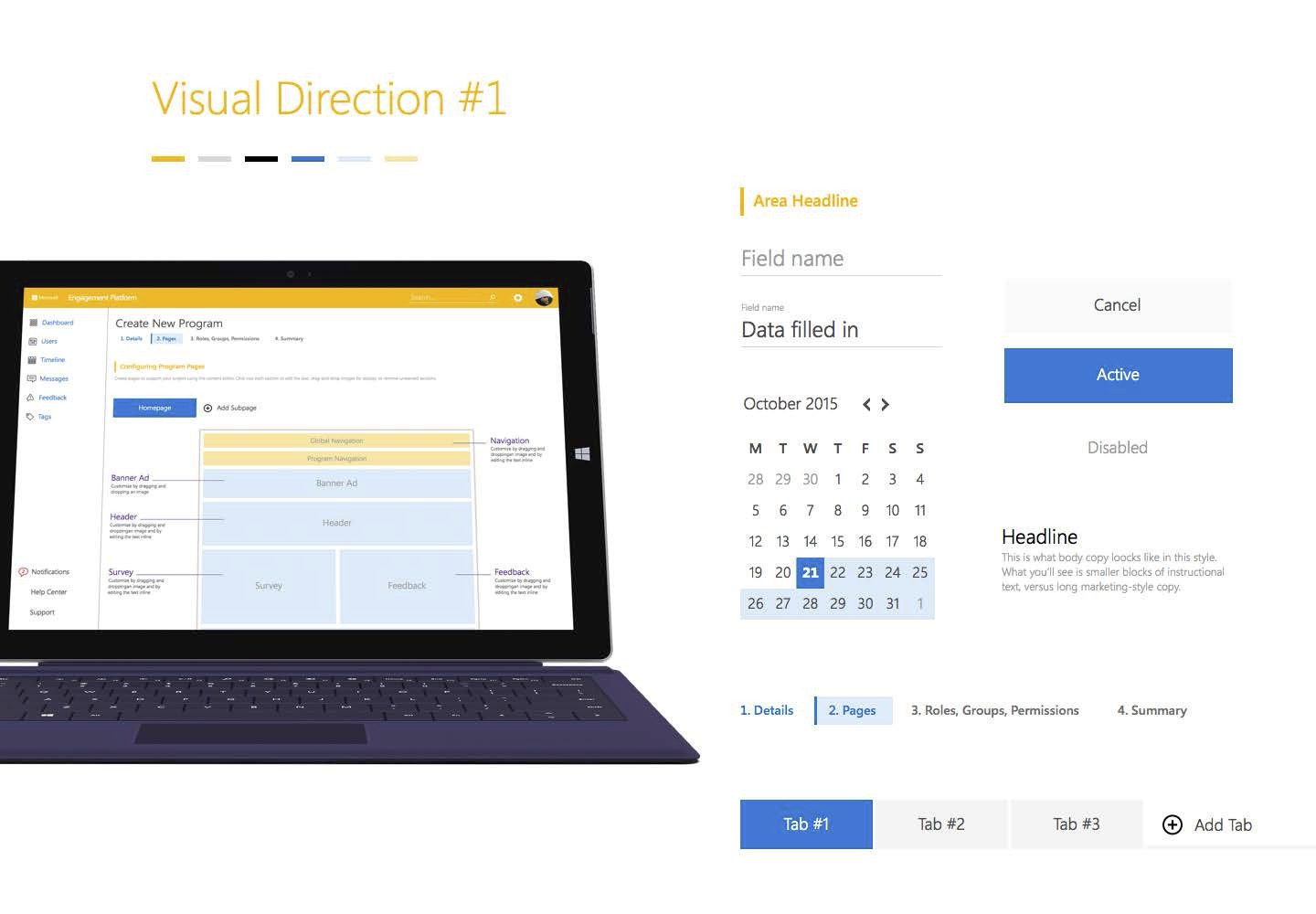 Visual Direction 1 — light theme with yellow header, component specs and Surface mockup