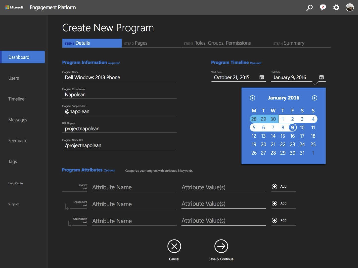 Create New Program Details screen in dark theme
