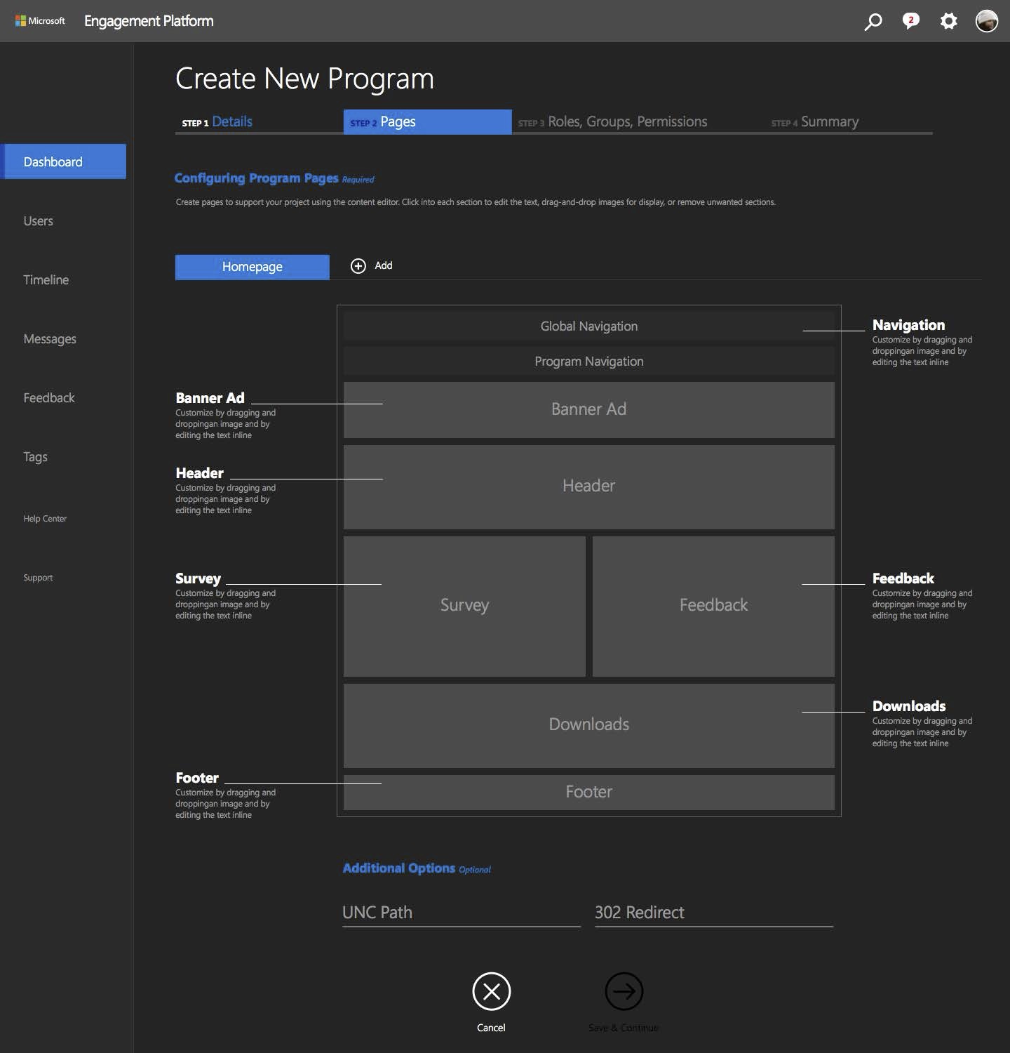 Page builder in dark theme — same block architecture