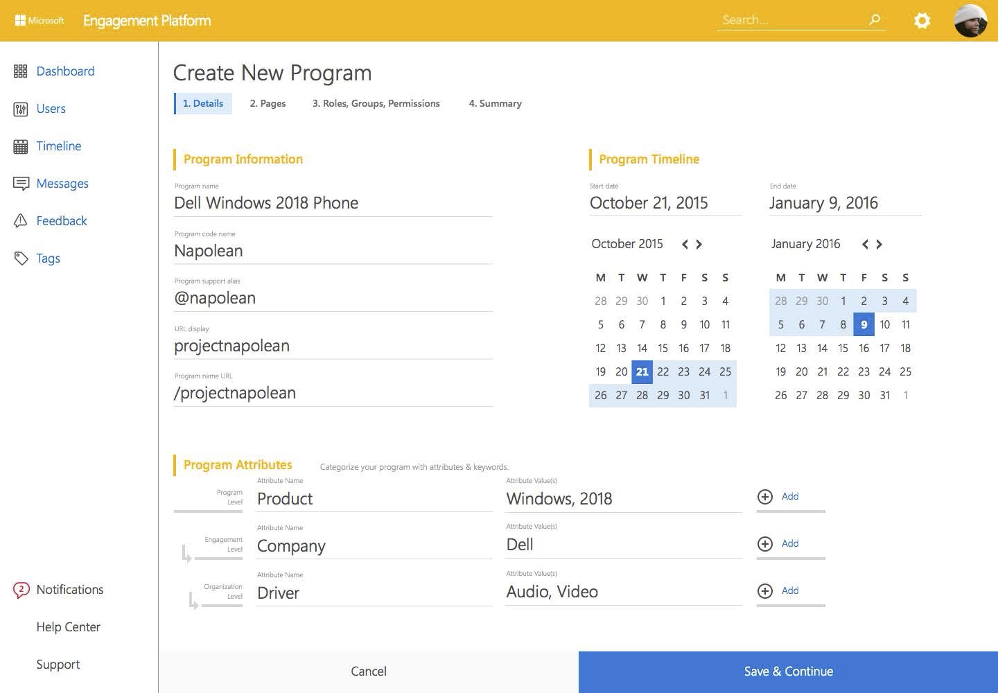 Create New Program Details screen in light yellow theme with sample program data