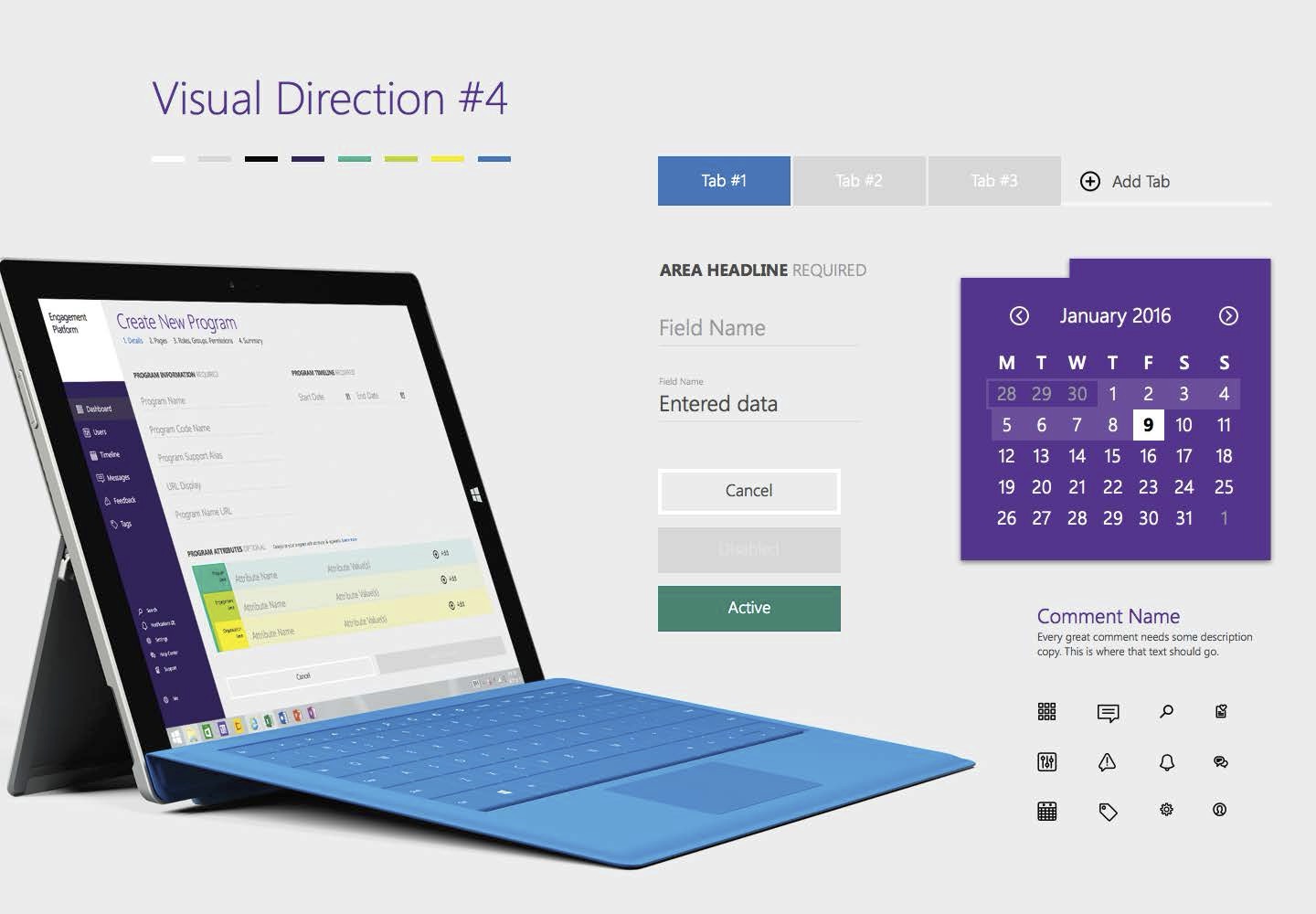 Visual Direction 4 — purple and lime theme with icon grid and component specs