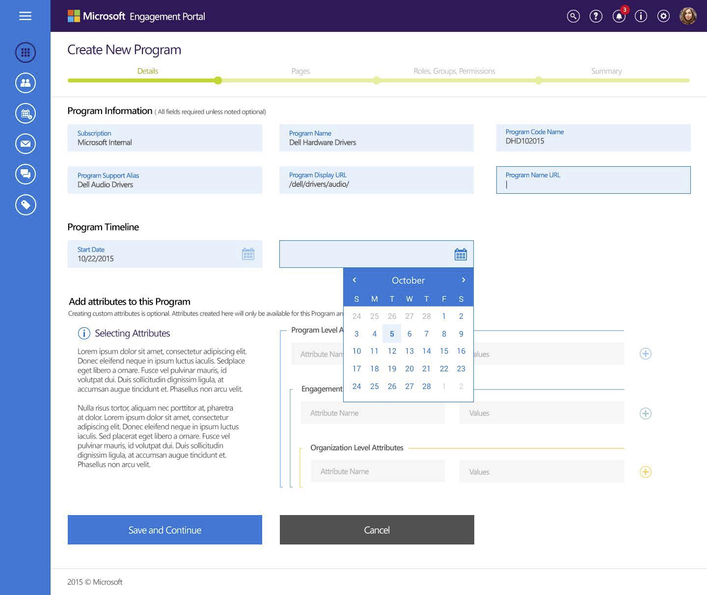 Create New Program Details screen in purple theme with date picker open