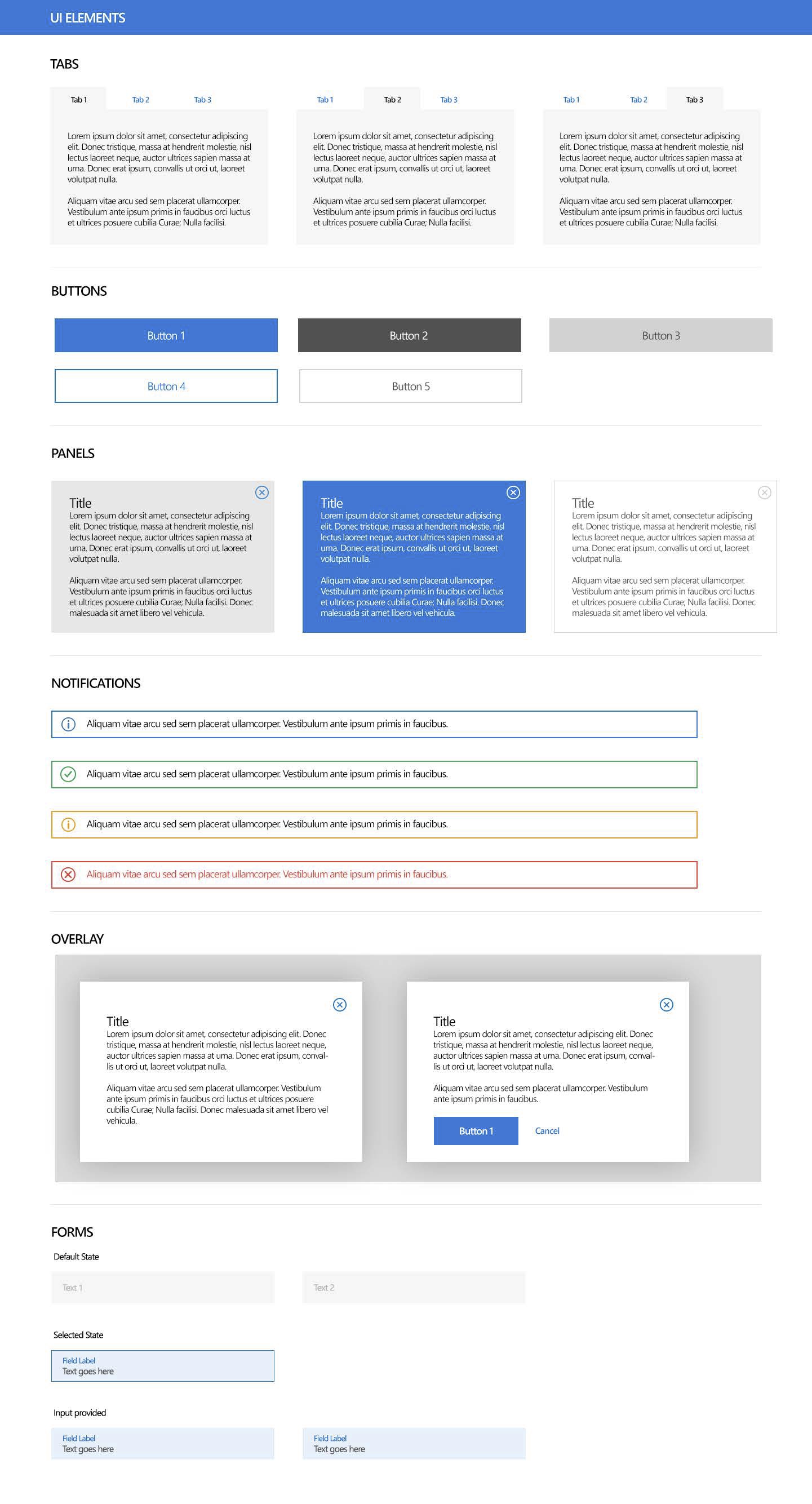 UI Elements specification sheet — tabs, buttons, panels, notifications, overlay, forms