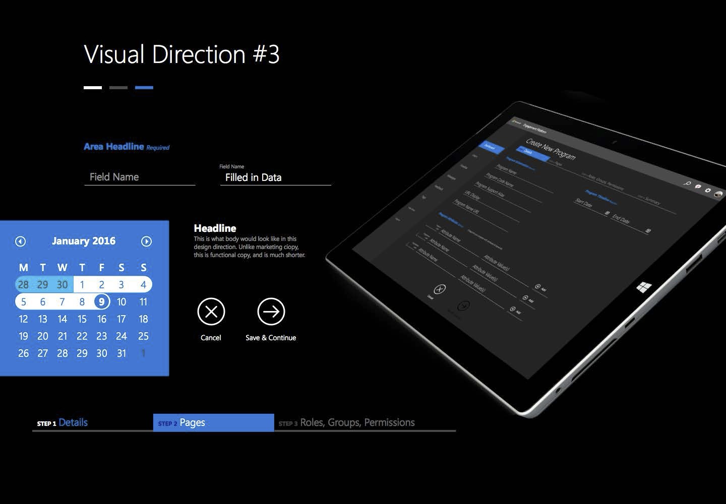 Visual Direction 3 — dark theme design system board with Create New Program on device