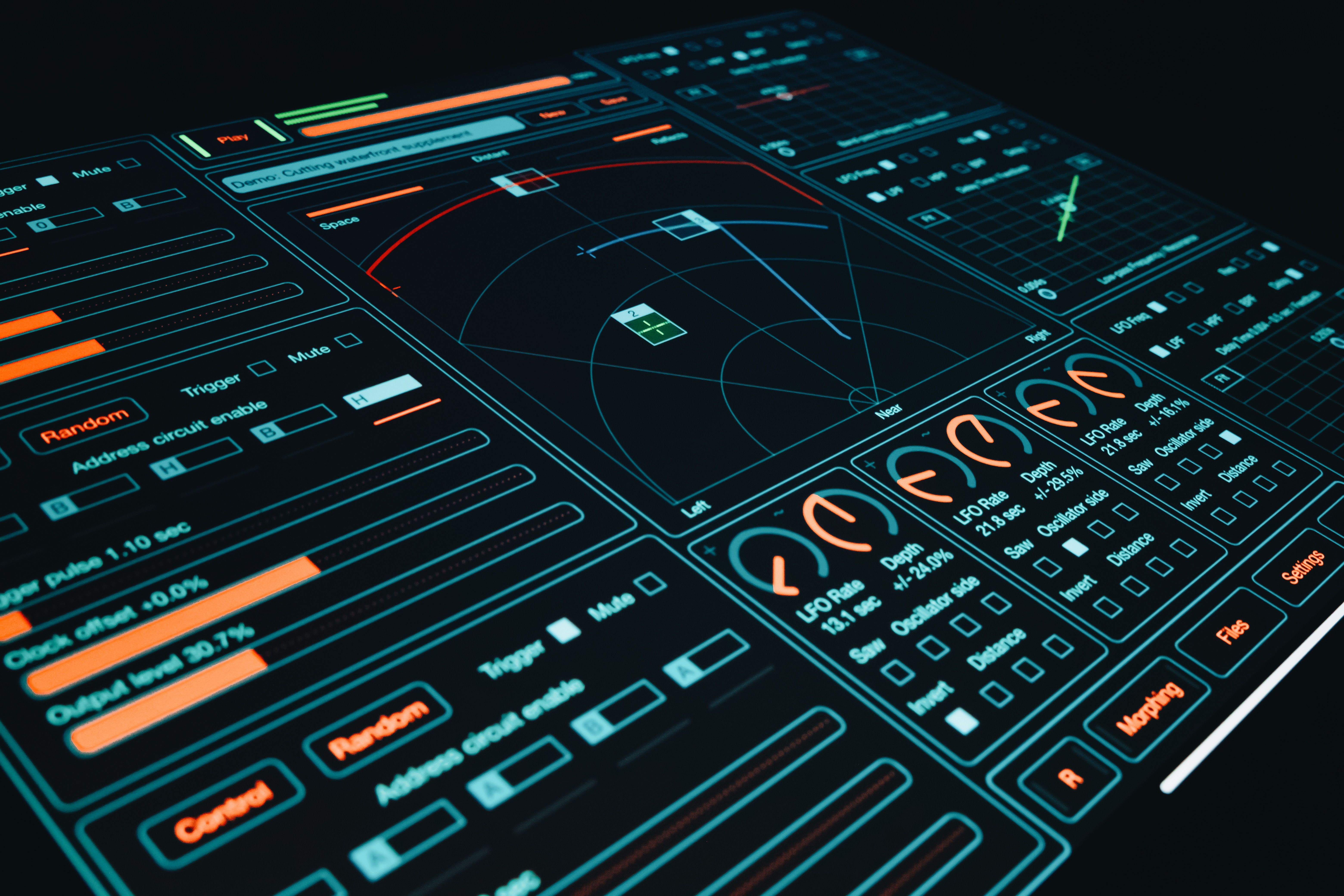 Futuristic control interface with cyan and orange data panels