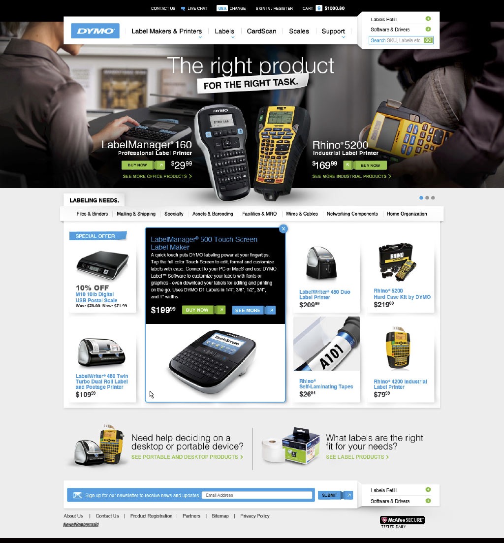 DYMO homepage variant — lifestyle hero for office and industrial buyers with an in-grid product quick-view for the LabelManager 500 Touch Screen