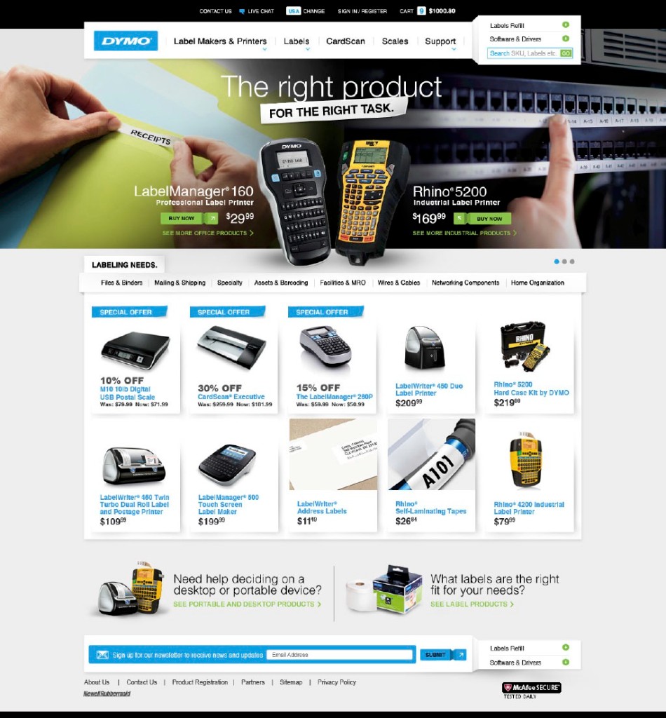 DYMO ecommerce homepage — office and industrial product hero, labeling needs grid, and dual-audience navigation