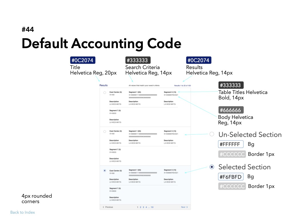 Access Online design system spec — Default Accounting Code component with typography, color tokens, and selected/unselected states