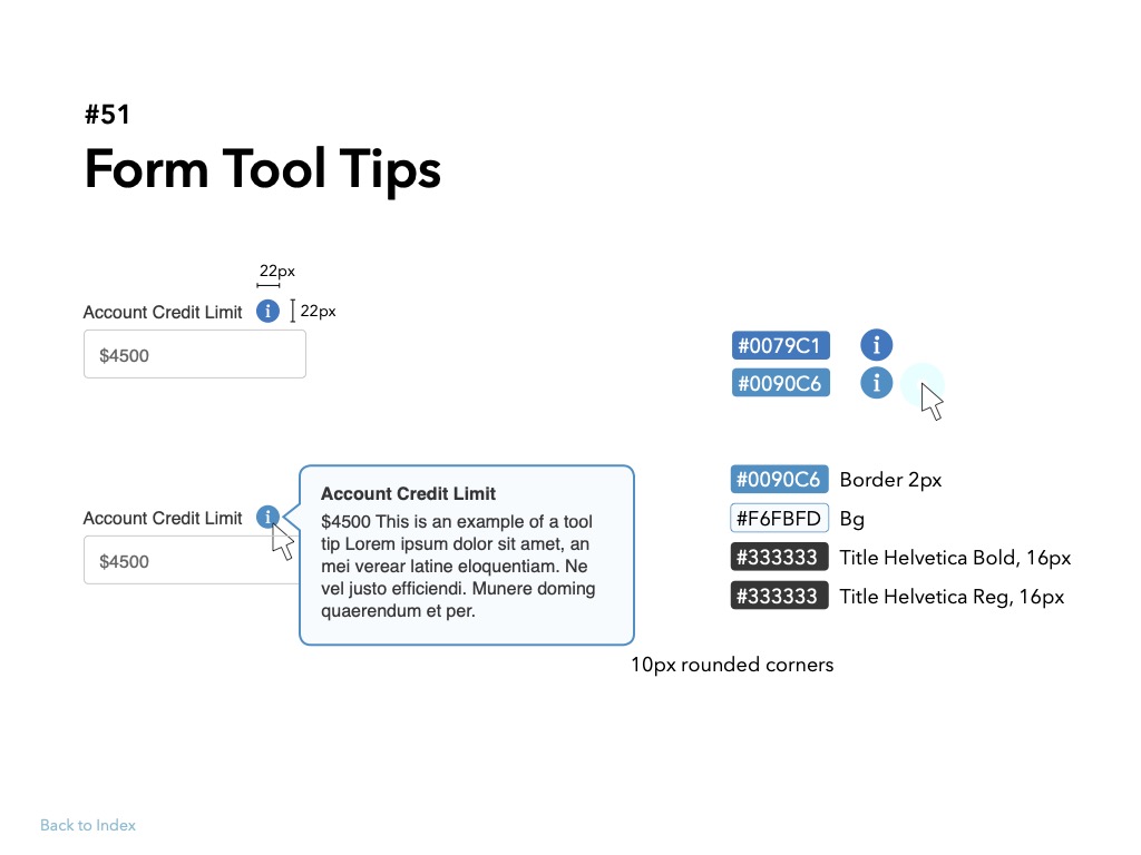 #51 Form tool tips spec — info icon spacing, hover and active states, color tokens, and corner radius