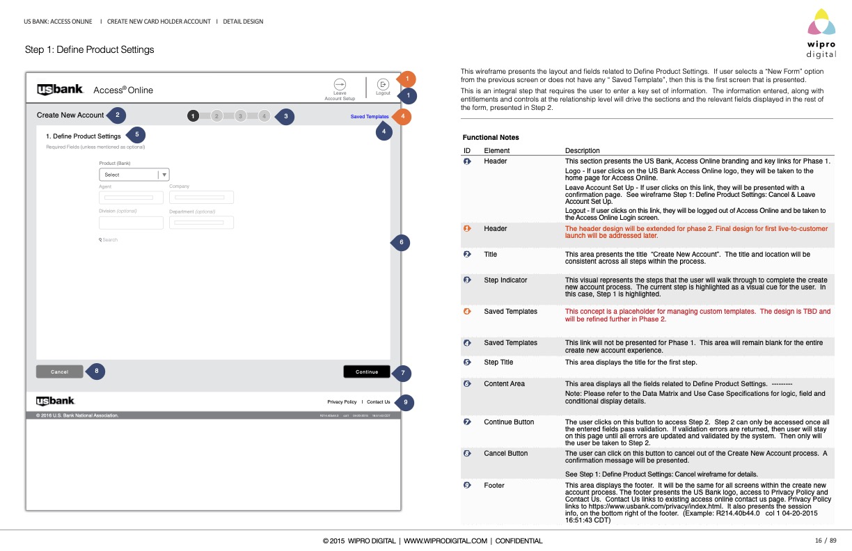 Step 1 Define Product Settings wireframe — Create New Account form with step indicator, fields, and a functional-notes panel