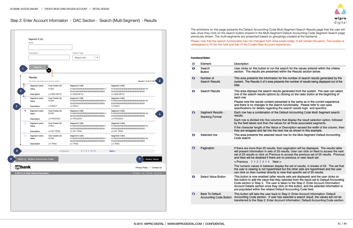 Step 2 Default Accounting Code multi-segment search results wireframe with selection, pagination, and functional notes