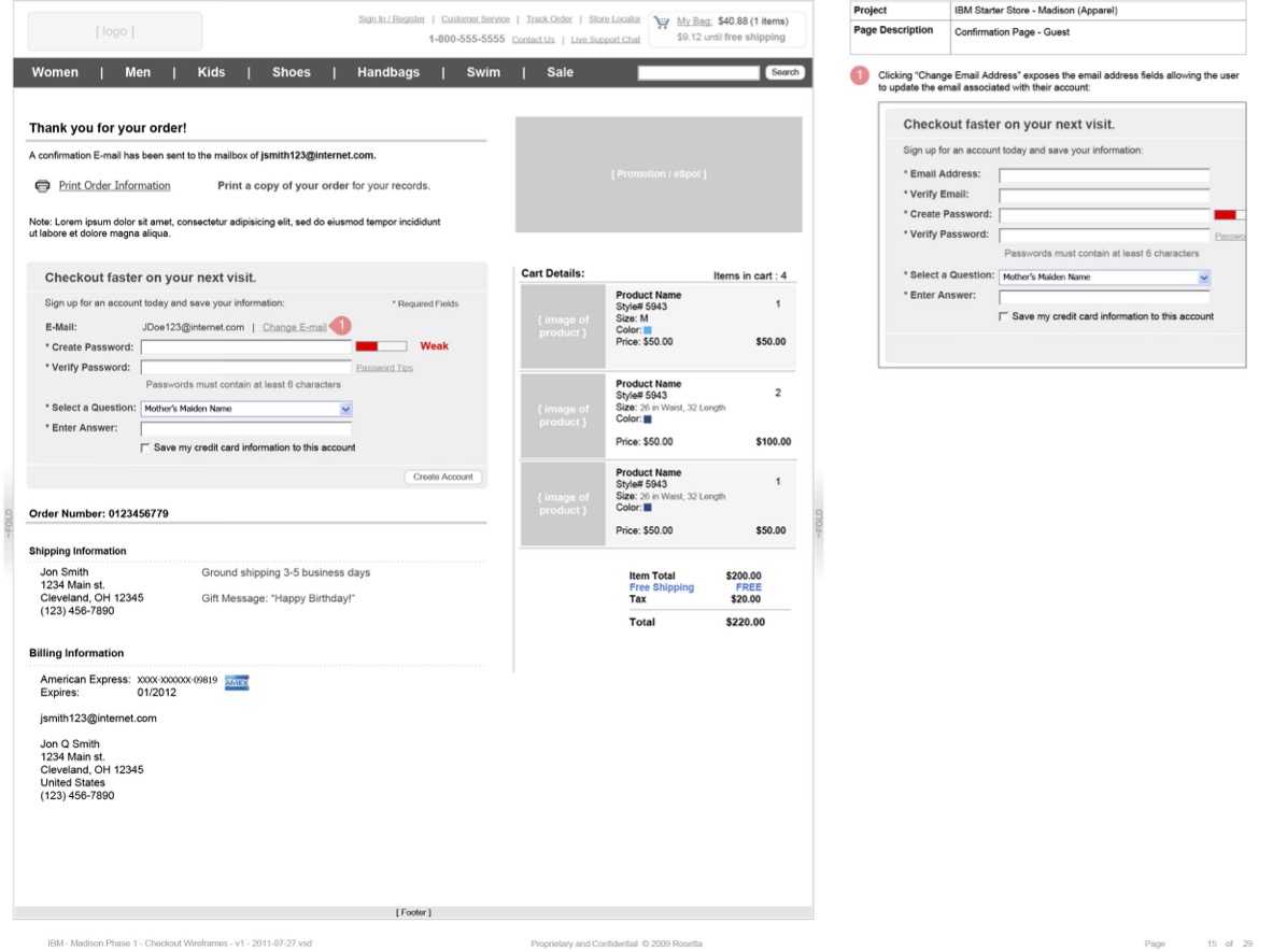Annotated WebSphere Commerce checkout wireframe