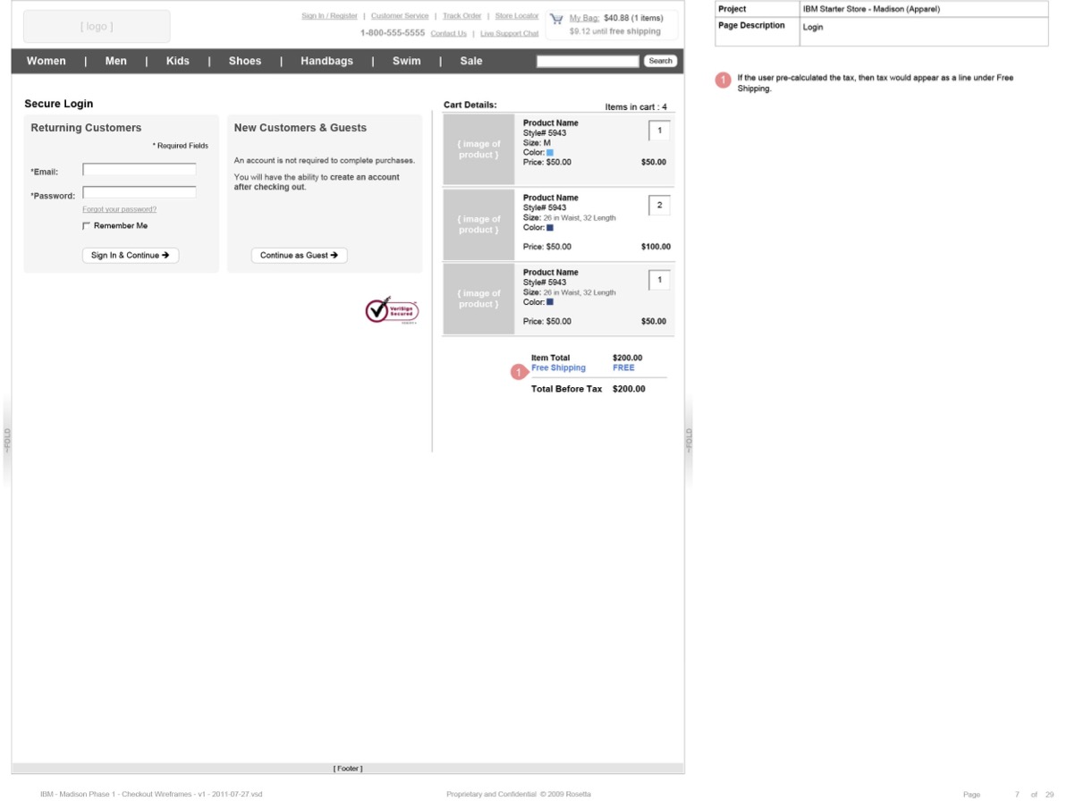 Annotated login wireframe — account entry for B2B and registered shoppers
